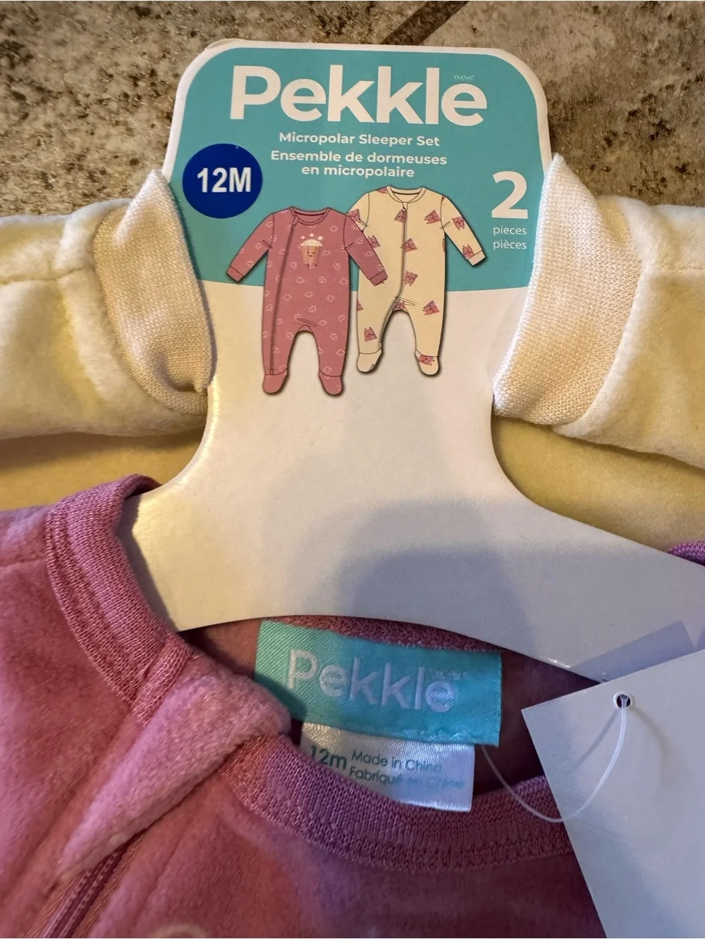 NWT set of (2) pink Pekkle fleece footed sleepers cute popcorn graphic size 12m